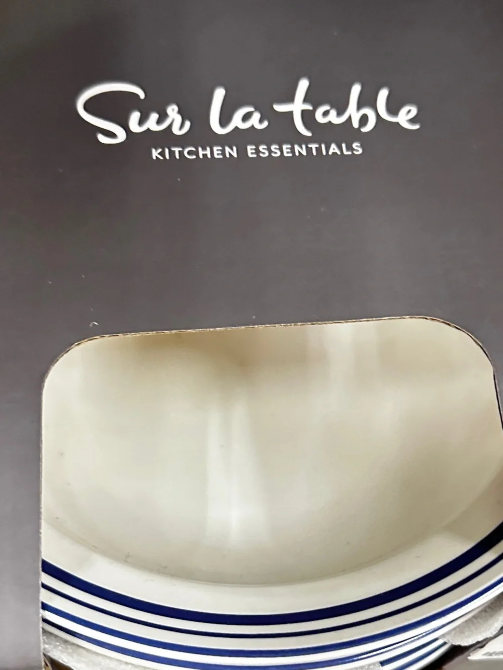 Sur La Table White Ceramic Bowls with Navy Stripe - Set of 4 Bistro style